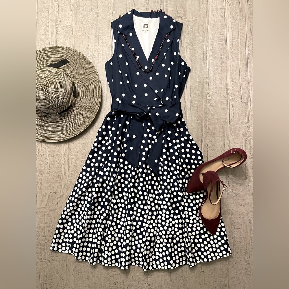Anne Klein Navy & White Polka Dot Fit & Flare Midi Dress size 4